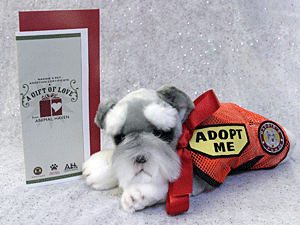 The attractive Maddie's Pet Adoption Certificate comes wtih an adorable Maddie plush toy to put under the tree or wrap and deliver.