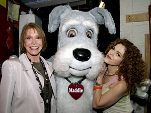 Maddie's Fund mascot Maddie had a moment backstage for a quick 'woof' and photo with Mary Tyler Moore and Bernadette Peters.
