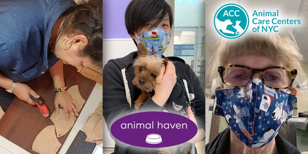 Kina Wu from Animal Haven and Diane Gauld from Animal Care Centers of NYC (ACC) model face masks made and donated by Ada Nieves.